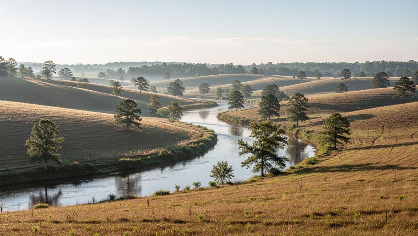 Scenic wide view of Blount County, Alabama landscape near Oneonta, featuring rolling hills, trees, and a river in bright morning light, realistic photo style.