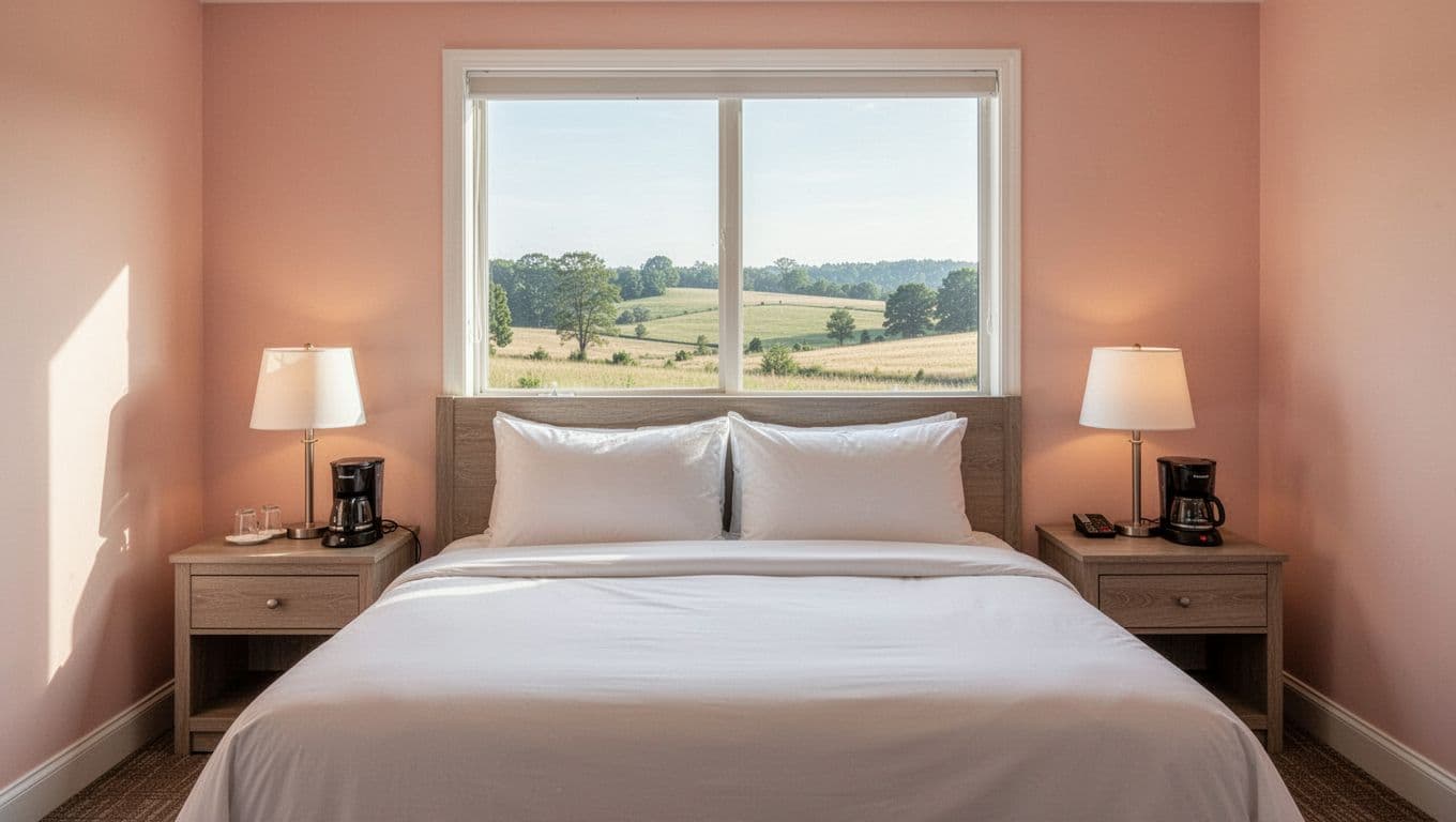 Clean hotel room with bed, nightstands, lamp, coffee maker, and Alabama countryside window view under green 'Hotel Amenities' headline band.