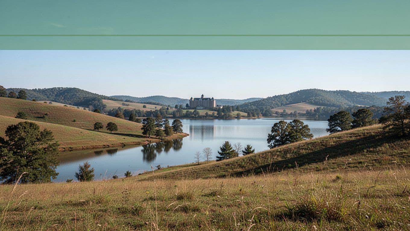 Rolling hills, lake, and distant hotel silhouette under clear blue sky, with green 'Blount County Views' headline band at top.