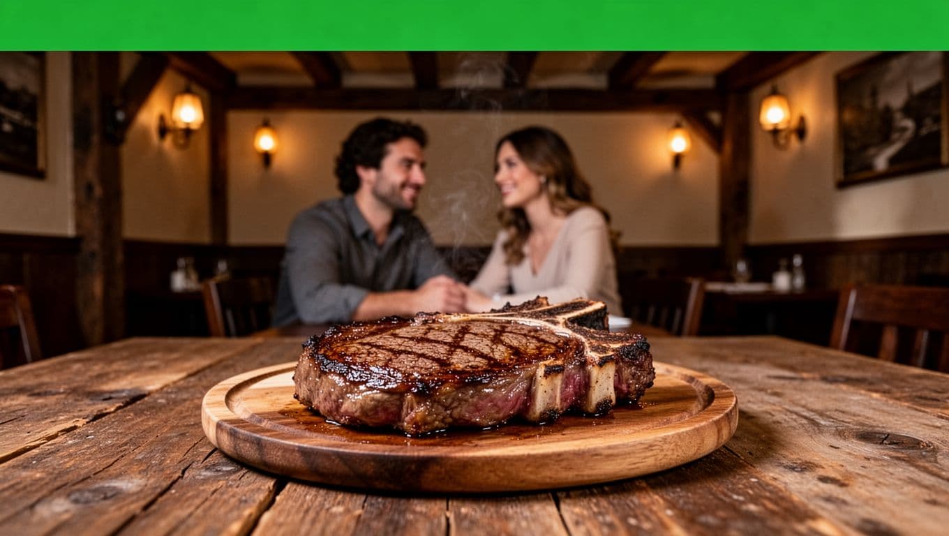 Sizzling ribeye steak on wooden plate centered on rustic table in cozy steakhouse with green 'Blountsville Eats' band above.