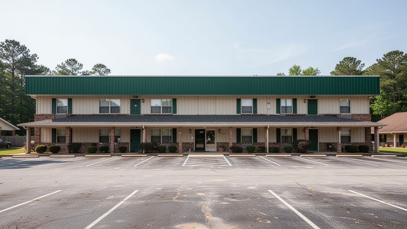Front facade of rural Alabama hotel with parking lot, sign, and green 'Blountsville Stays' headline band.