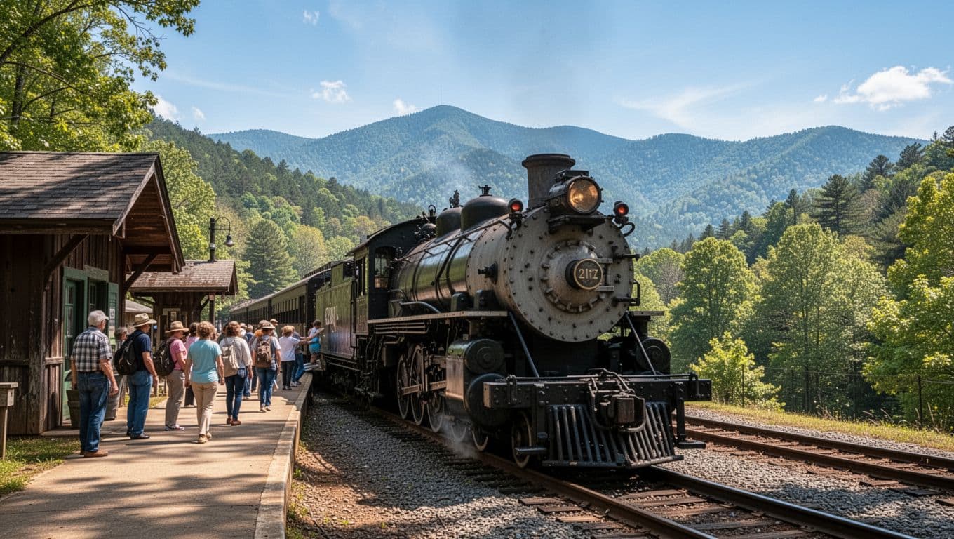 Photorealistic image of a scenic steam train at Blue Ridge depot with North Georgia mountains behind, passengers boarding in clear daytime weather, central composition landscape aspect. Bold editorial style with edge-to-edge green header band featuring 'Railway Views' headline, vibrant greens and blues palette.