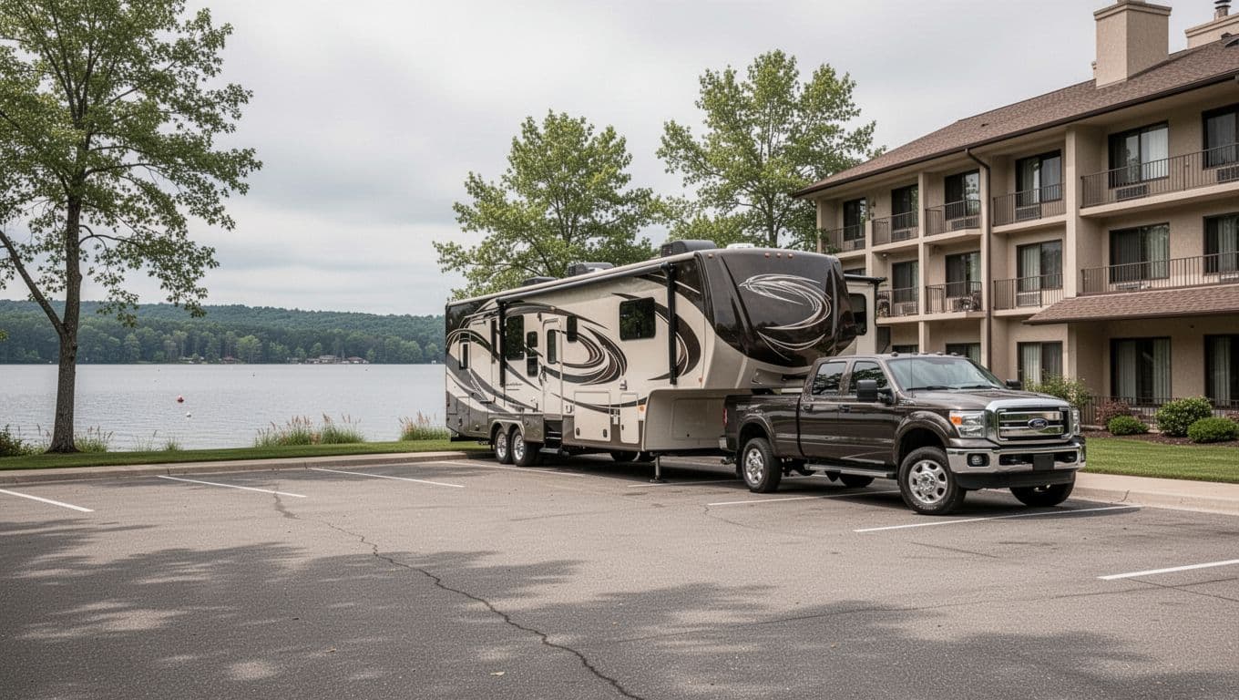 Photorealistic scene of a boat trailer parking lot at a lakeside hotel in Guntersville, Alabama, featuring a large RV trailer next to a pickup truck, hotel sign in background, calm lake edge with trees under overcast daylight sky, emphasizing ample space.