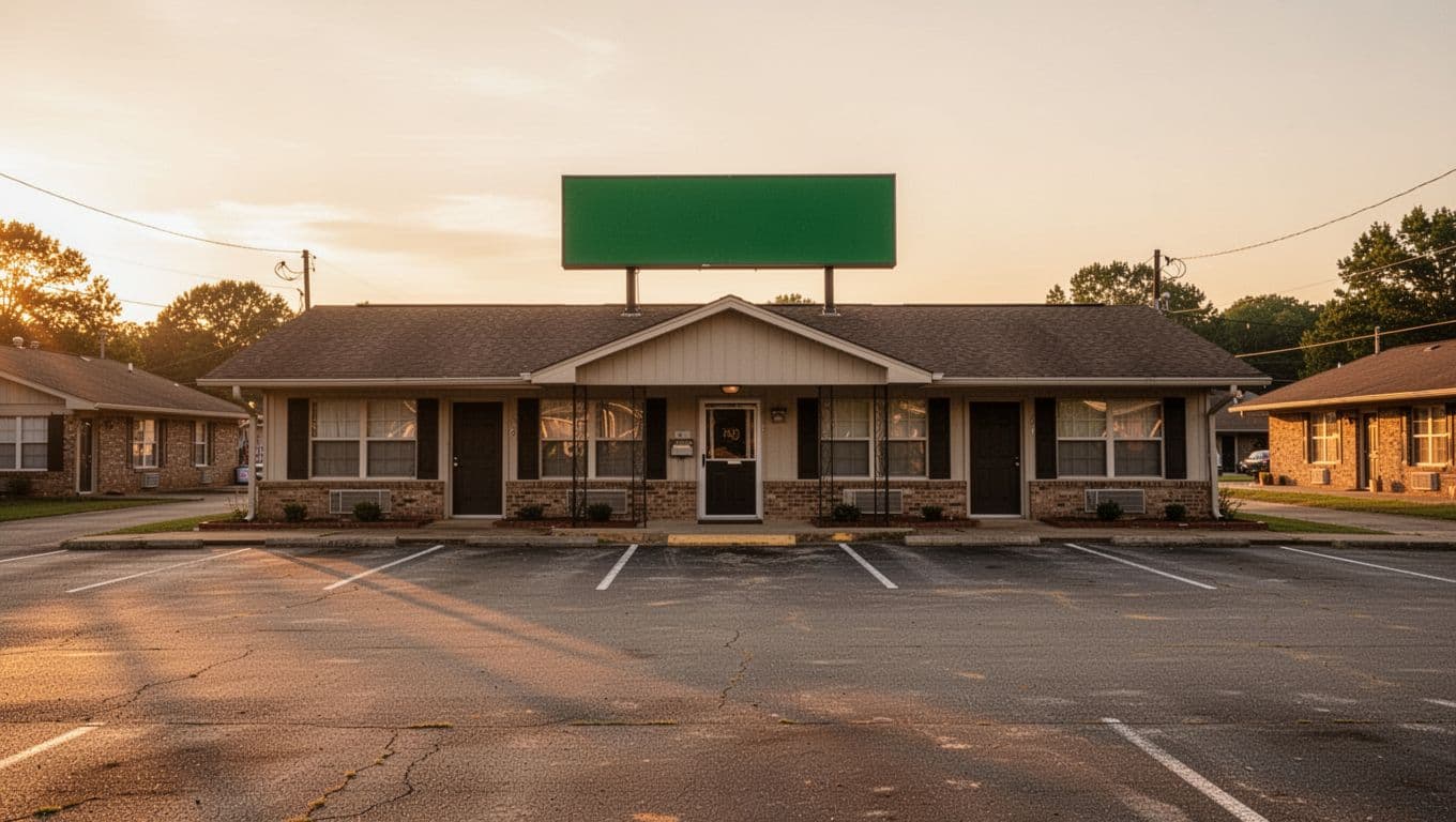 Exterior of a budget motel in rural Boaz, Alabama at golden hour sunset, featuring single building, parking lot, entrance, and bold 'Boaz Stays' sign.