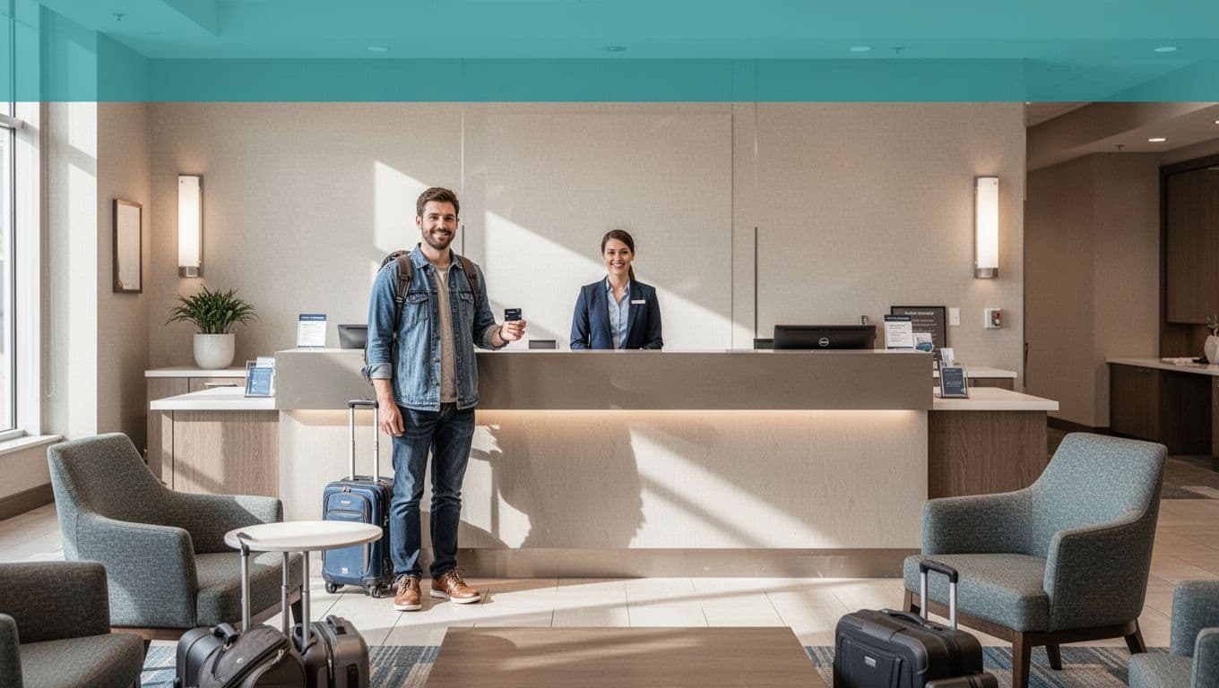 A traveler relaxes at the front desk of a modern Boaz, Alabama hotel, checking in with a key card assisted by one staff member in a bright lobby with counter and chairs. Bold 'Book Now' headline spans the top in a green band, centered composition in neutral tones.