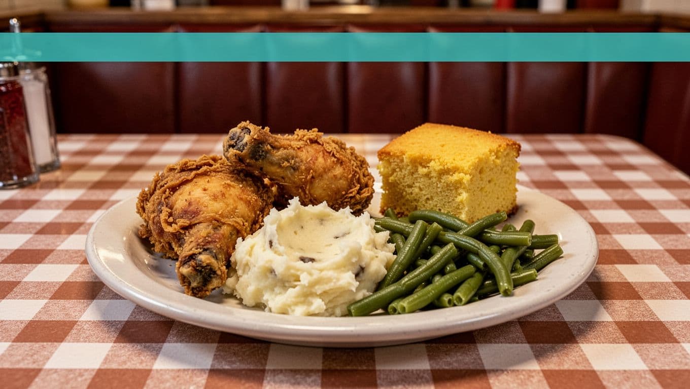 Green header band with 'Boaz Cafe' title above a centered plate of fried chicken, mashed potatoes, green beans, and cornbread on checkered tablecloth in diner booth.