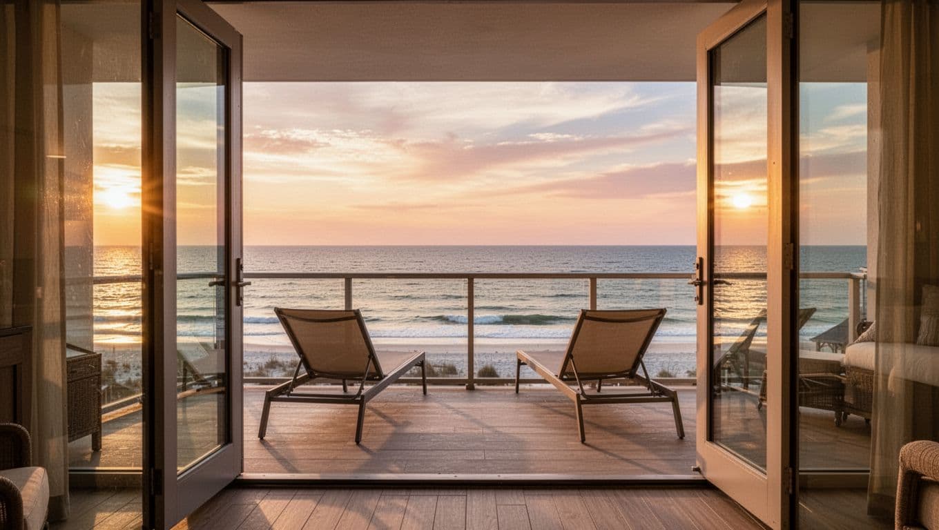 Modern beachfront hotel balcony overlooking Gulf of Mexico near Bon Secour, Alabama, at sunset with lounge chairs and open room door hint. Bold 'Book Smart' green headline band at top in editorial style.