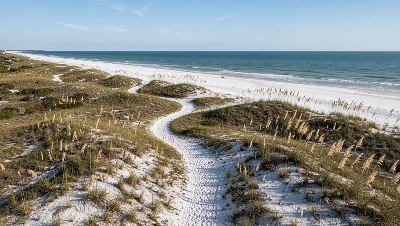 Aerial photorealistic view of Bon Secour National Wildlife Refuge showing sandy trails through dunes to white sand beach and Gulf waters, with sea oats in breeze under clear blue sky.