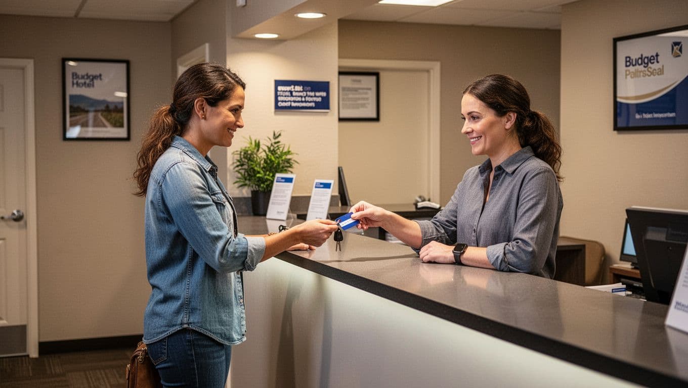 A traveler relaxes while checking into the front desk of a budget-friendly hotel lobby, featuring a modern counter with key cards under soft indoor lighting. Bold 'Book Smart' headline in green band emphasizes effortless booking.