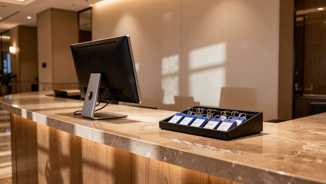 Realistic photo of an empty hotel front desk check-in area with computer and key cards on the counter, in a warm-lit lobby for business travelers.