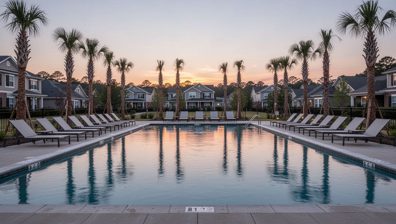 Clean hotel pool area featuring aligned lounge chairs, palm accents, and Alabama suburban backdrop at dusk, with bold 'Book Smart' headline in green band.