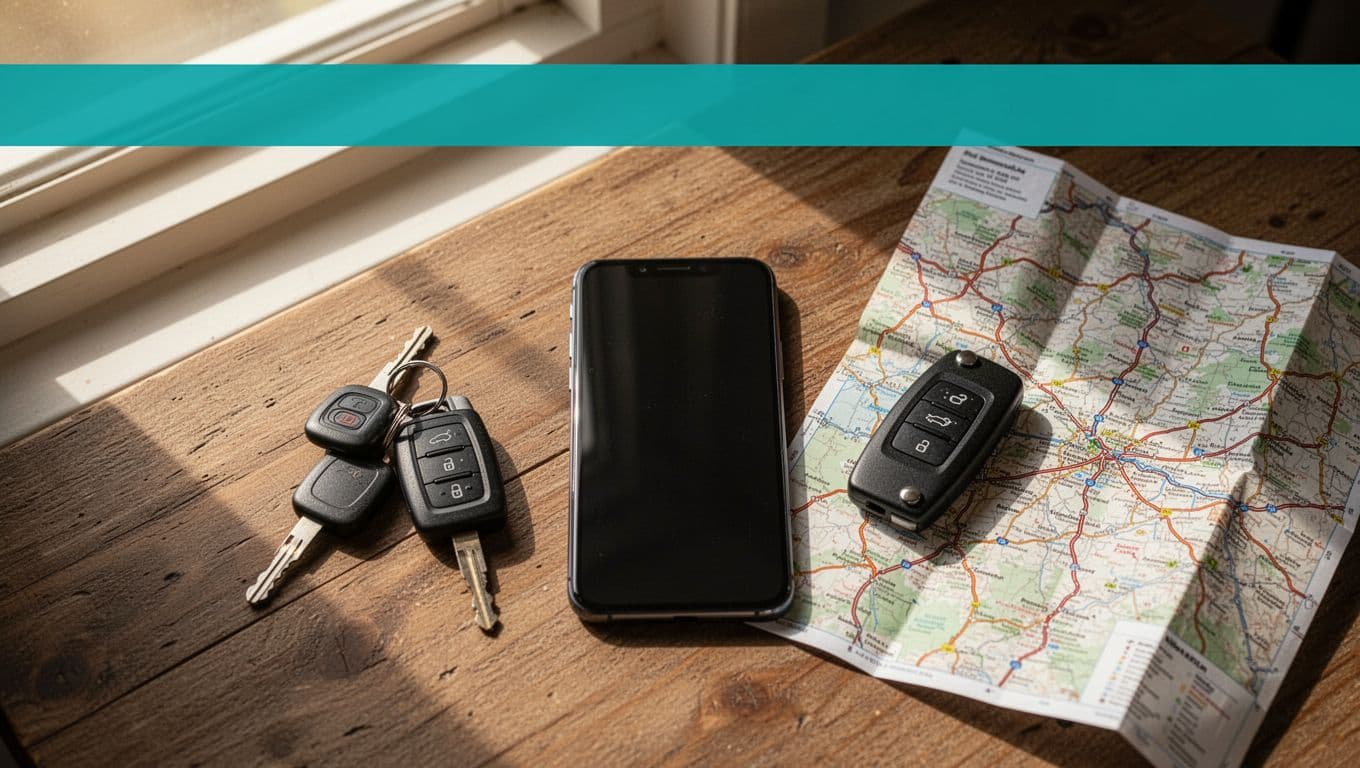 Top-down close-up of a smartphone on a wooden table beside car keys and an Alabama road map, with a bold 'Booking Tips' headline in a green edge-to-edge band at the top. Realistic photo style with soft morning light and earthy tones, depicting mobile travel planning.