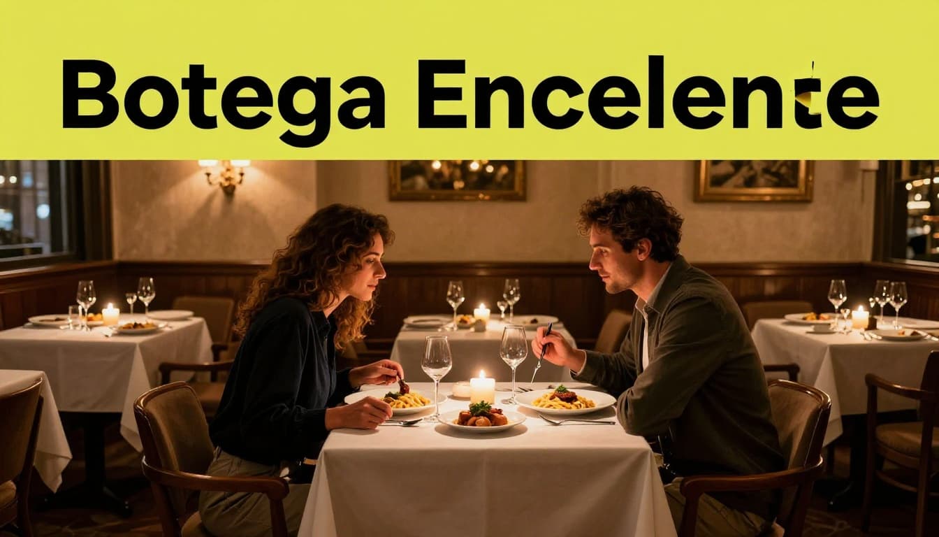 Elegant dining room of Bottega Italian restaurant in Birmingham, Alabama at dusk, featuring candlelit tables with fresh pasta and veal dishes, a focal couple enjoying their meal under warm chandelier lighting in a wide shot composition.