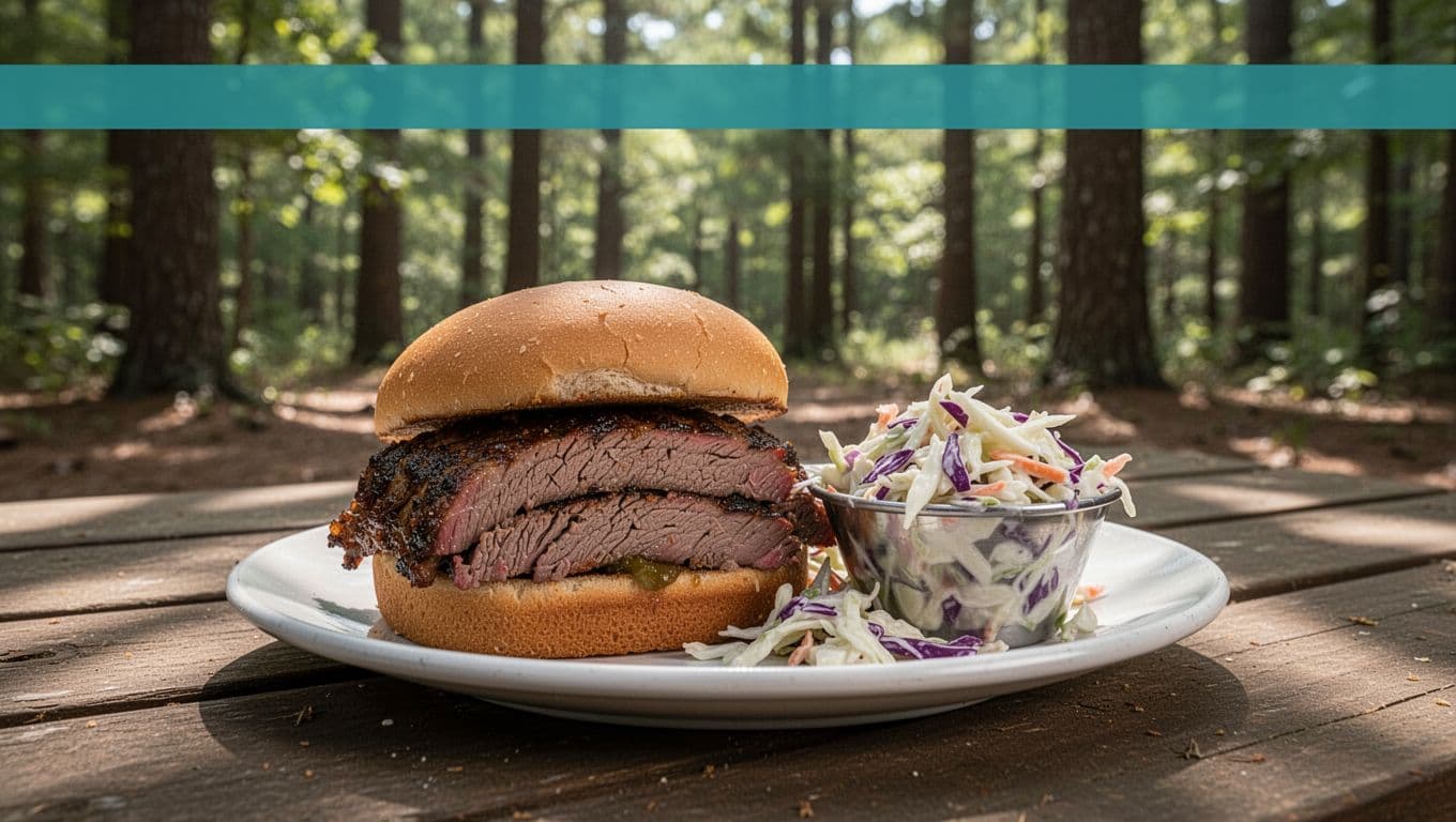 Plate of brisket sandwich and coleslaw on picnic table outdoors near woods, green top band with 'Bowling's BBQ'.