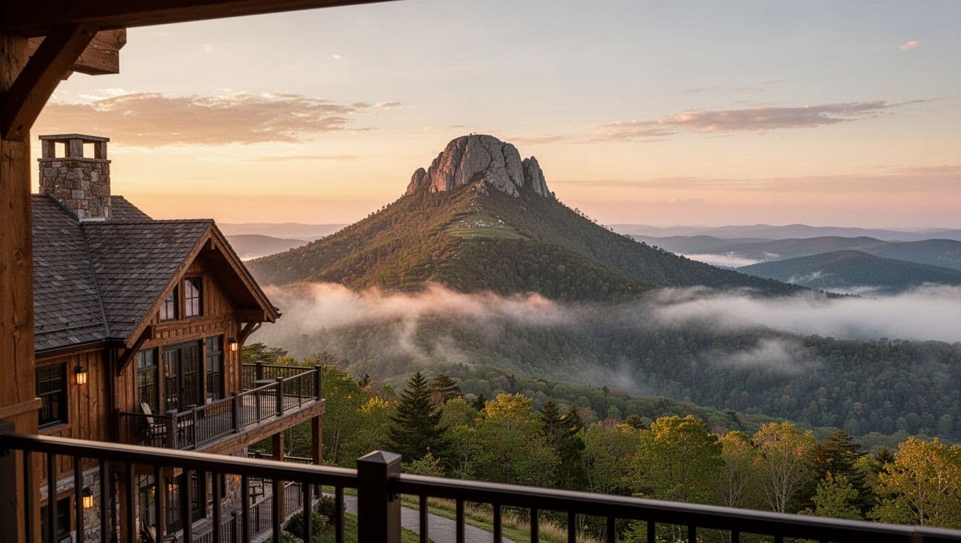 Scenic photorealistic view of Brasstown Bald mountain peak at sunset from a cozy hotel balcony, with misty valleys below and warm golden lighting. Bold 'Mountain Stays' headline in a green edge-to-edge band at the top.