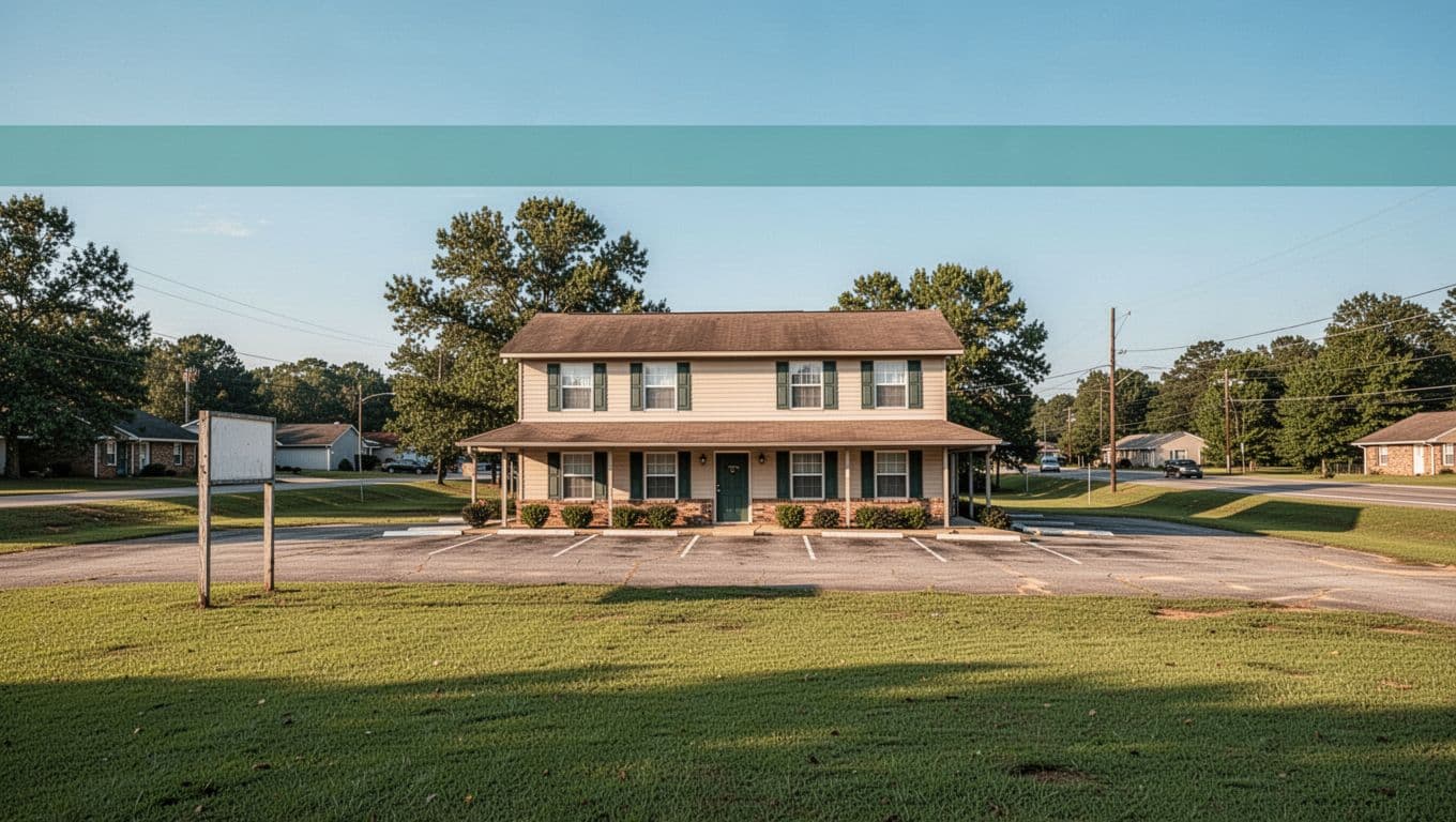 Serene exterior of a small two-story motel in rural Brent, Alabama, with parking lot, highway sign, green grass, and blue sky. Bold 'Brent Hotels' headline in green band at top, clean landscape composition.