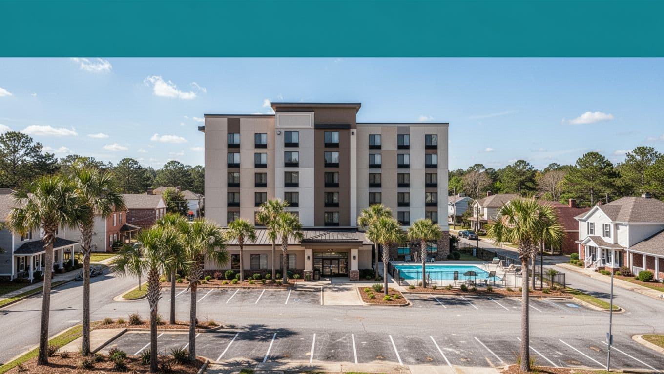 Modern hotel exterior in quiet Brewton Alabama neighborhood with palm trees, parking lot, and outdoor pool under bright sunlight.