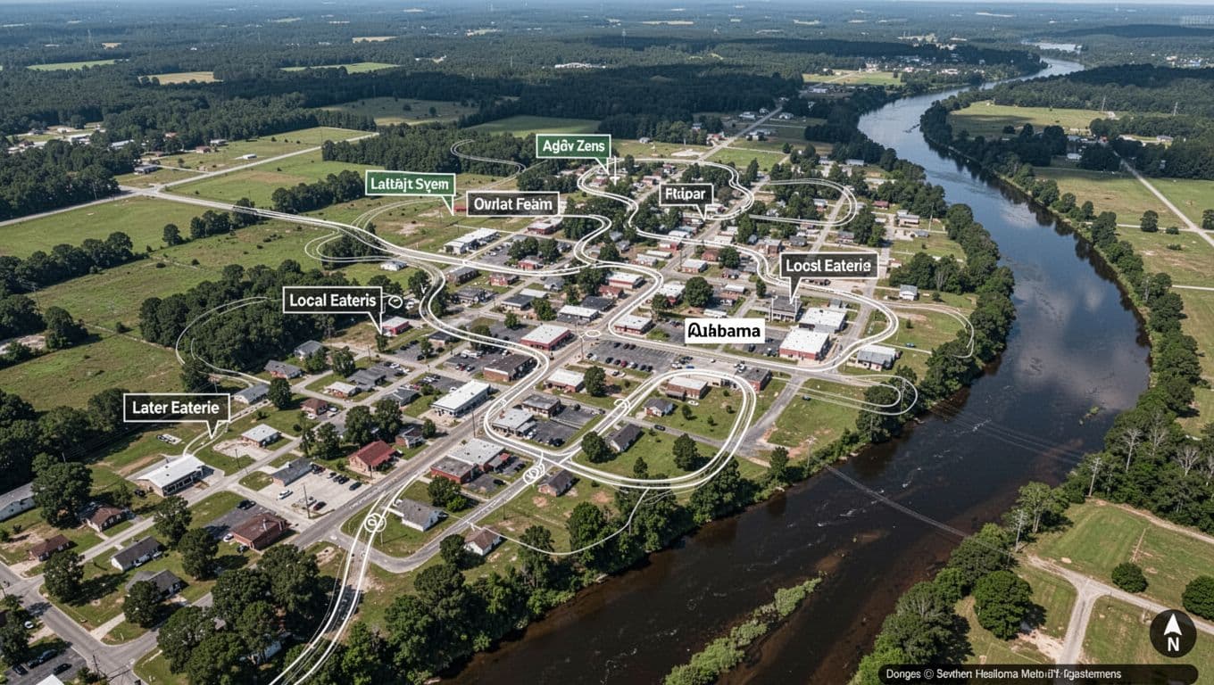 Satellite-style aerial view of Brewton streets, nearby river, subtle restaurant markers, green top band with BREWTON SPOT headline.
