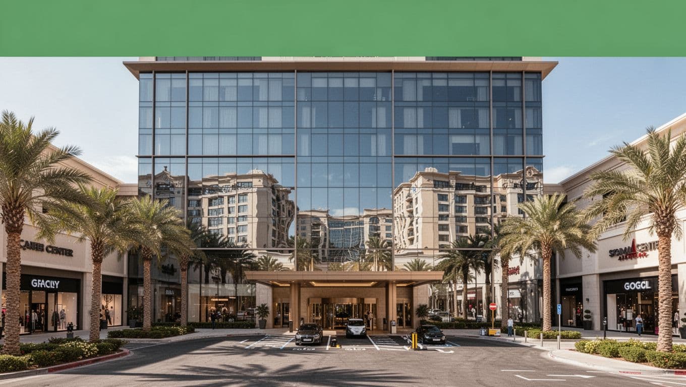 Photorealistic modern upscale hotel exterior with glass facade reflecting town centre buildings and palm trees, front valet entrance under clear daytime sky, landscape view centered on single building, top green band with 'Bridge Street Hotels' text.