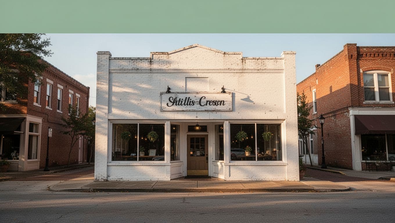Photorealistic view of the historic white brick exterior of Bright Star restaurant on a quiet downtown street in an Alabama town, centered with warm daylight lighting and a bold branded green header band featuring the 'Bright Star' headline.