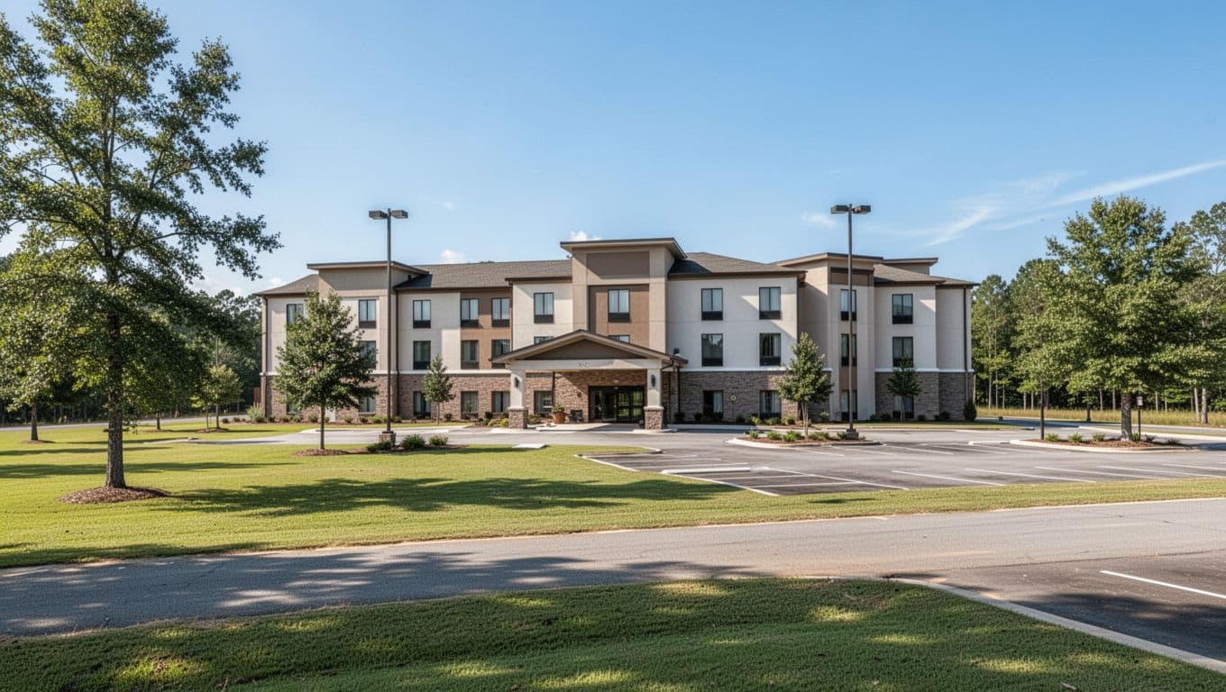 Wide-angle realistic photo of a modern hotel exterior in rural Alabama near a highway, with green lawns, trees, clear blue sky, empty entrance and parking lot in bright daylight, featuring a bold 'Nearby Hotels' green headline band at the top.