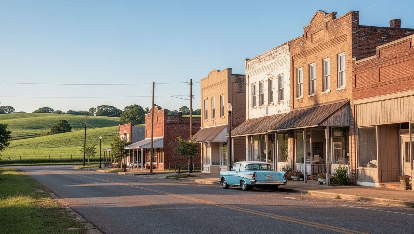 Historic Brundidge downtown buildings amid green fields under blue sky, vintage car parked nearby, green 'Pike Attractions' headline band at top.