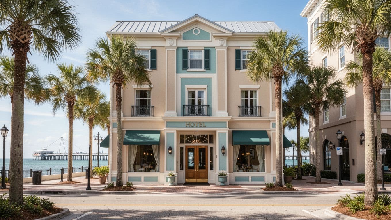 Cozy boutique hotel exterior on a sunny downtown street in St. Petersburg, FL, with St. Pete Pier faintly visible across the bay, palm trees lining the sidewalk, under a clear blue sky. Photorealistic landscape centered on the hotel entrance with a top green accent band featuring 'Budget Stays' headline.