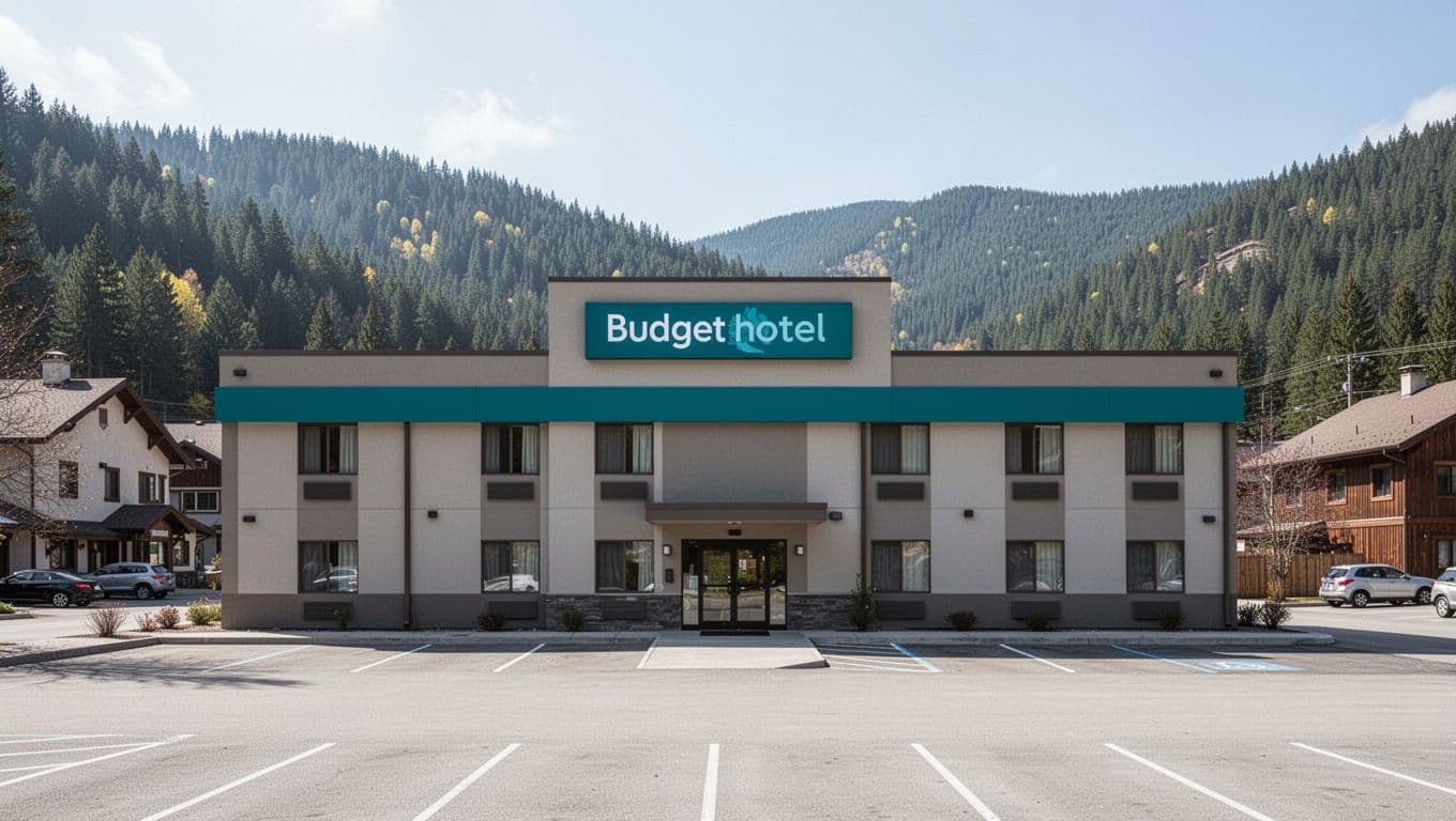 Modern budget hotel exterior in a mountain town near Clayton, with visible parking lot and sign, forested backdrop, clear daytime sky, realistic photography style, no people. Features bold 'Budget Clayton Stays' headline on edge-to-edge green fill band near top.