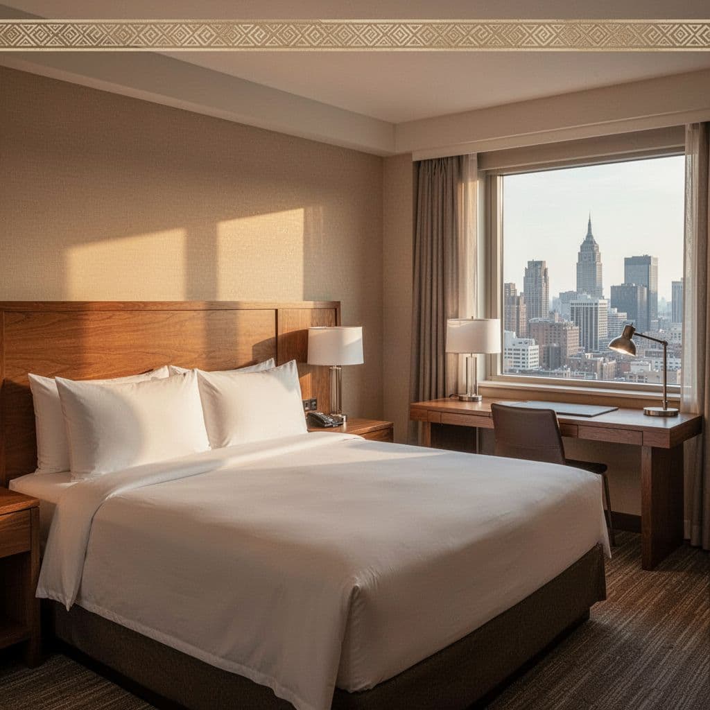 Cozy hotel room interior in Montgomery AL near Legacy Museum with king bed, crisp white sheets, wooden headboard, modern desk, downtown skyline view, soft lighting, and bold 'Budget Comfort' headline.