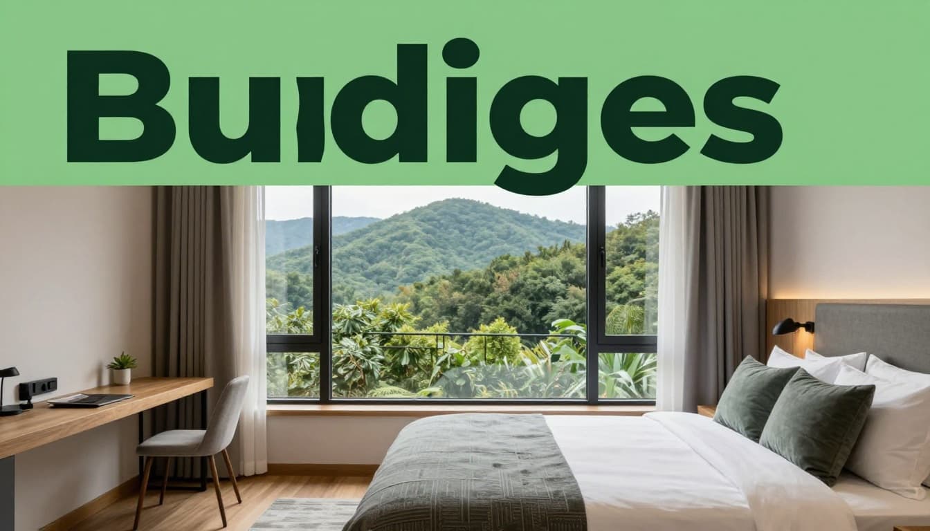 Cozy modern hotel room interior with comfortable bed and large window overlooking forested hills like Monte Sano, in soft natural light, realistic photography style.