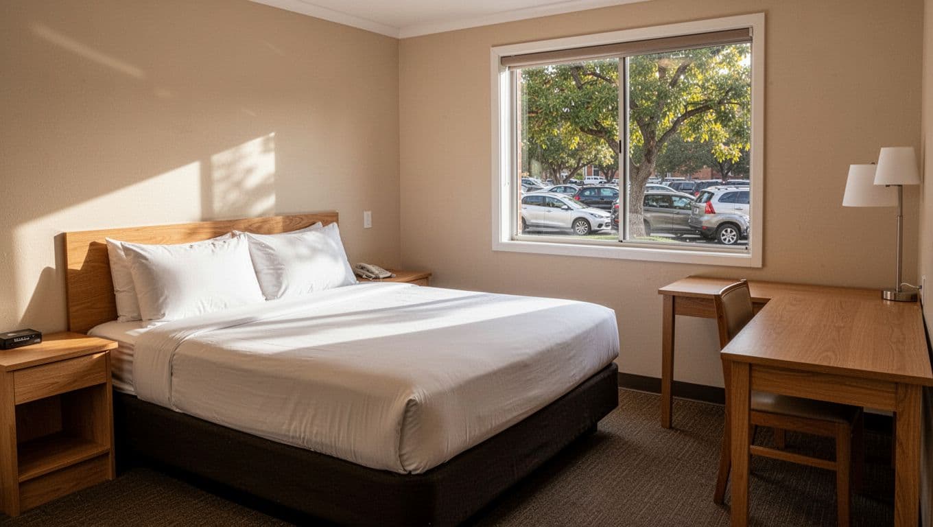 Simple clean cozy budget hotel room interior near university with queen-size bed, desk, and window view of parking and trees in natural soft daylight, neutral tones, branded with 'Budget Stays' headline.