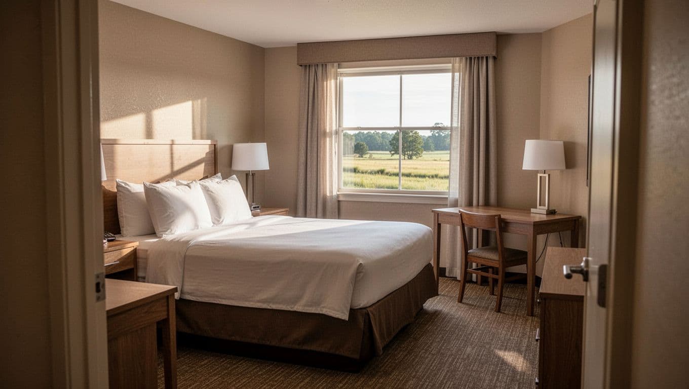 Cozy budget hotel room interior in Hazel Green, Alabama, with king bed, desk, and countryside window view from doorway; realistic style with soft light and green 'Budget Stays' header band.