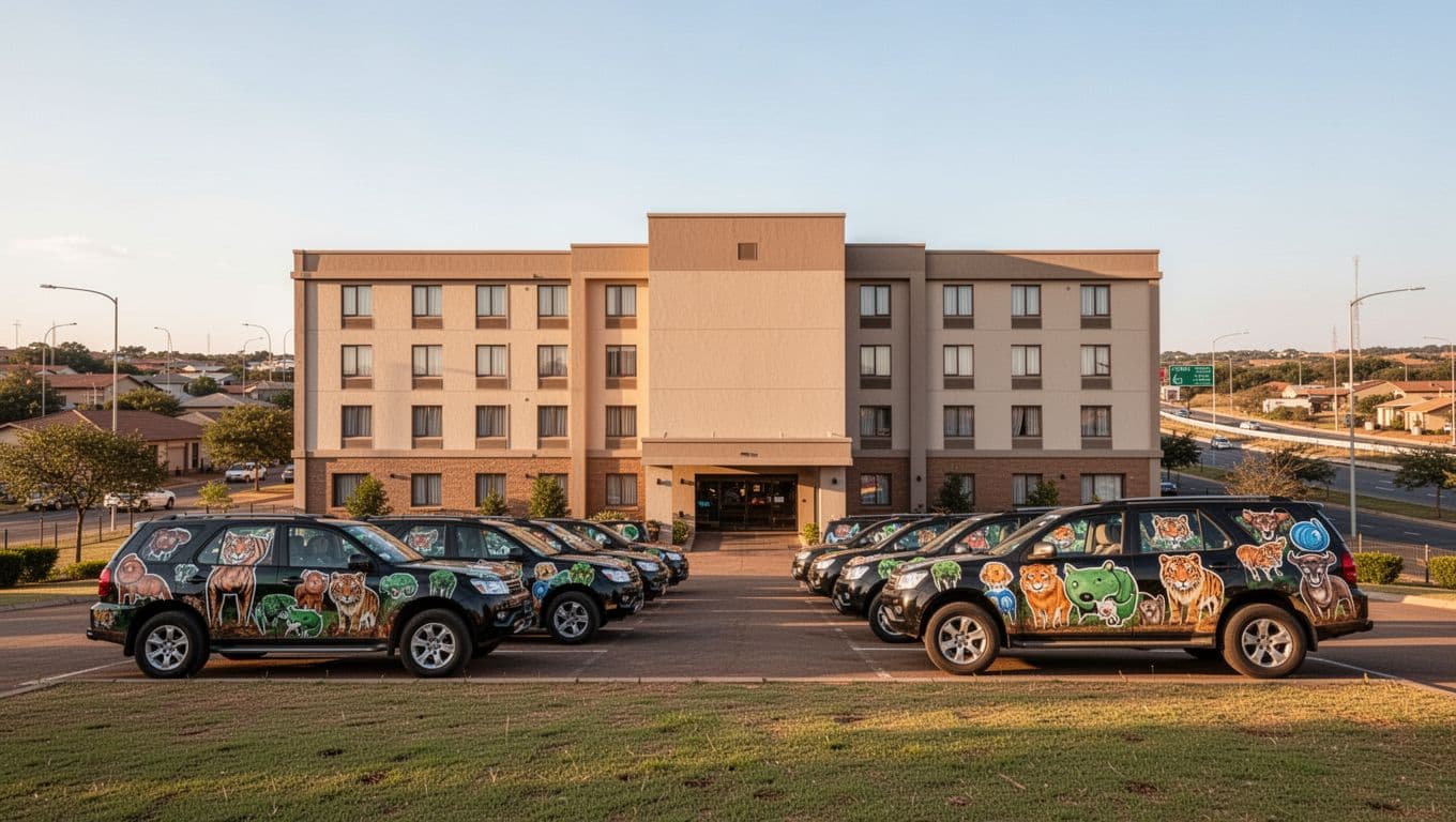 Clean mid-range hotel exterior in Auburn AL near I-85 with highway sign to Jordan-Hare Stadium, empty parking lot with SUVs game stickers, sunny afternoon landscape.