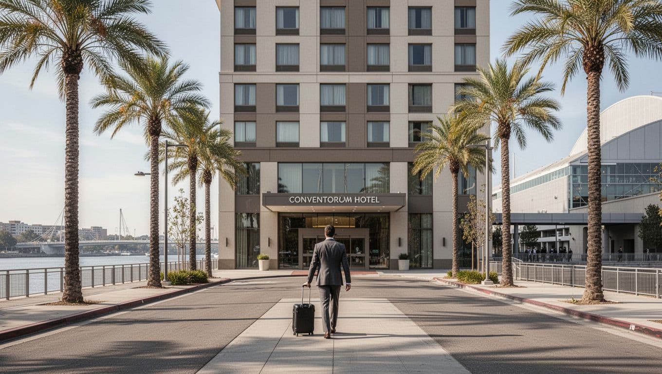 Affordable modern hotel exterior near Chattanooga riverfront and convention center, wide landscape view with entrance, palm trees, and a business traveler approaching with rolling suitcase under clear daytime sky.