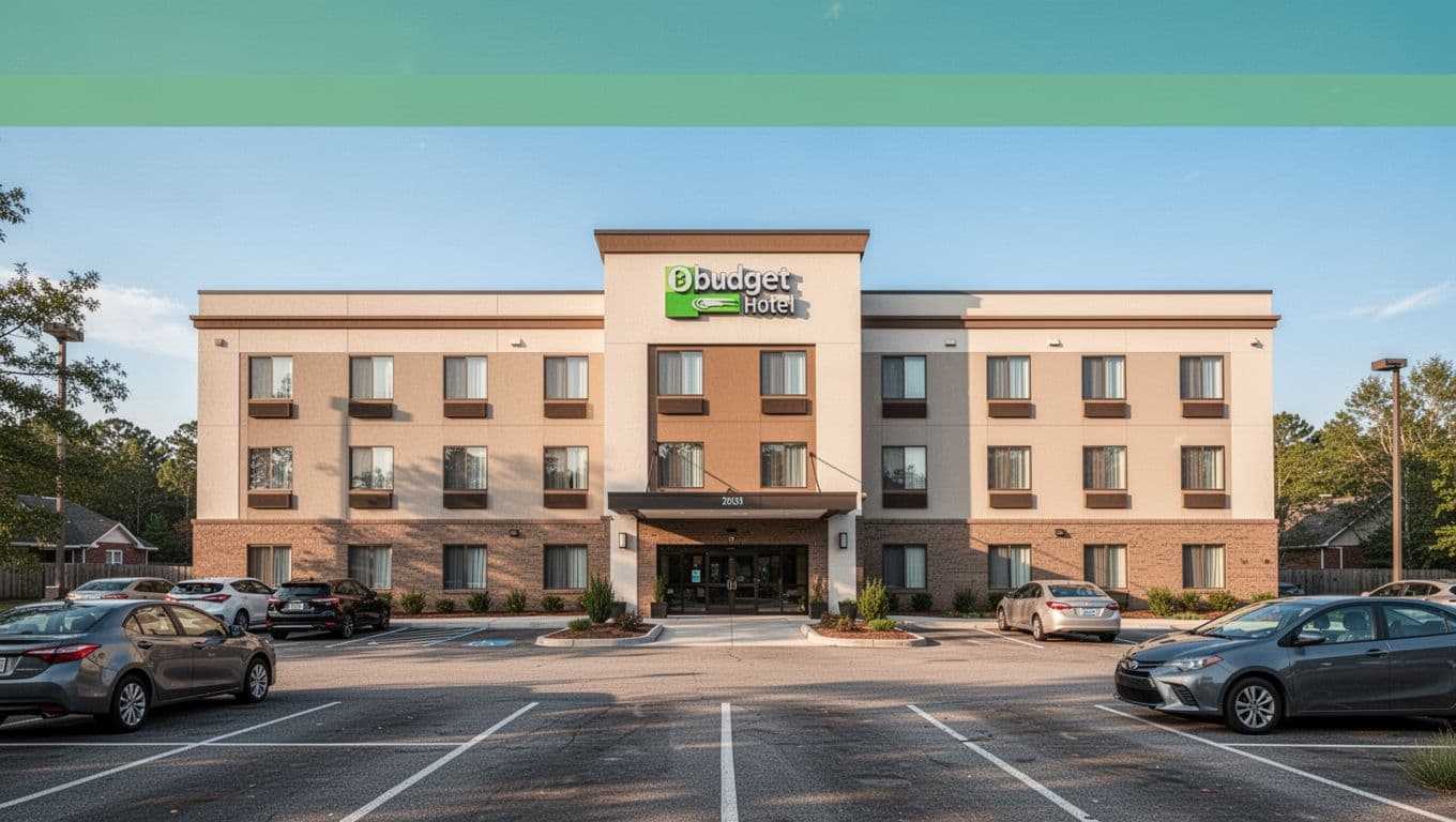 Exterior view of a modern budget hotel in Fairfield Alabama suburb with parking lot cars subtle entrance sign and clear blue sky in bright daylight warm tones.