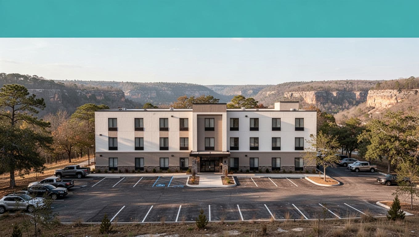 Modern budget hotel exterior with parking lot and entrance sign in Alabama foothills near Little River Canyon, featuring trees and hills in the background under natural daylight.