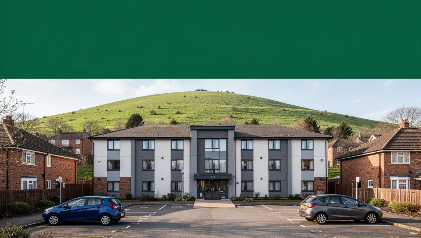 Realistic photo of a modern budget hotel exterior in suburban Birmingham neighborhood near a green hill, with parking lot and two cars, clear daytime lighting, topped with bold 'Budget Hotels' headline on green band.