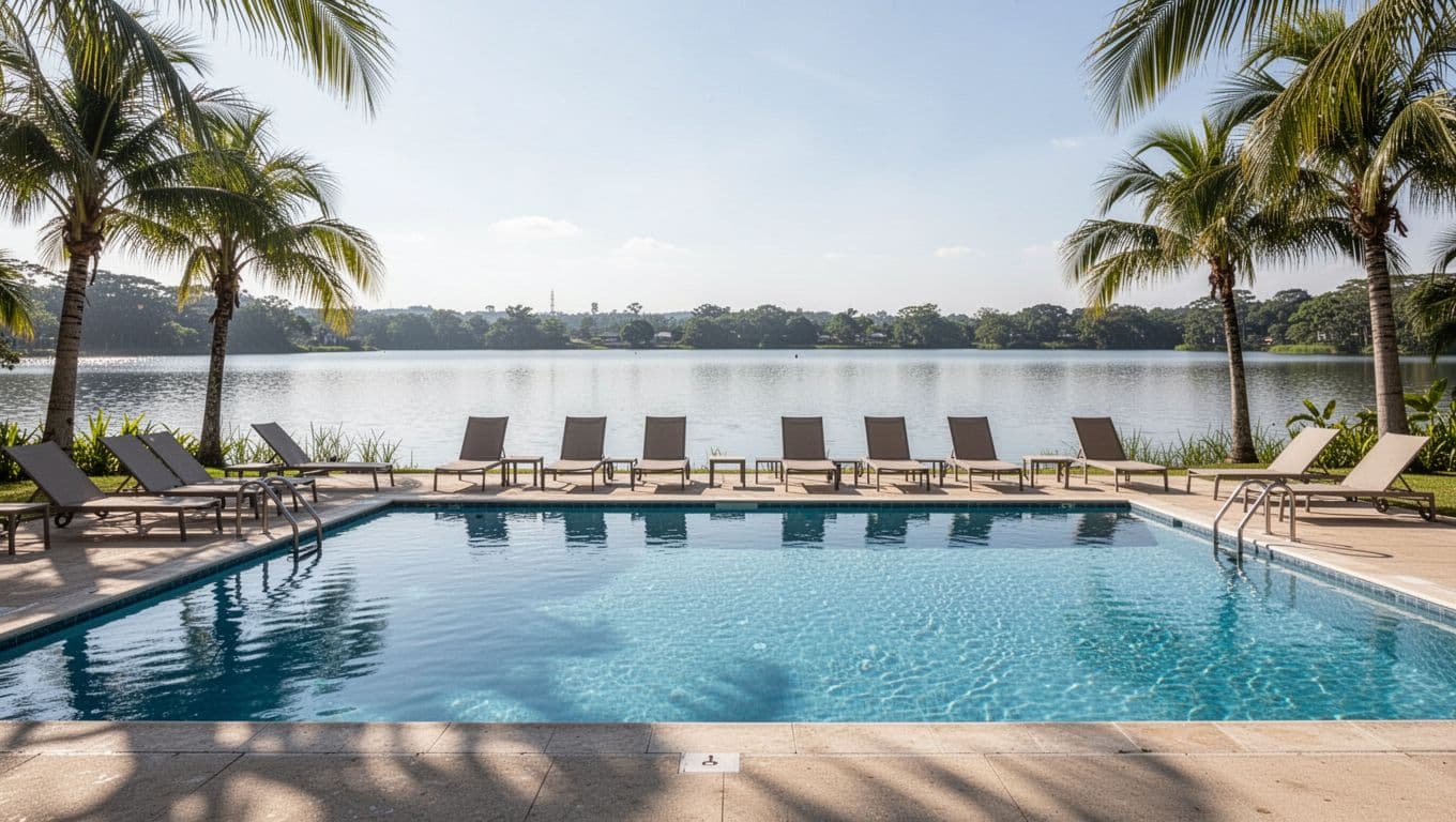 Serene budget hotel pool near a lake with lounge chairs, clear blue water, and sunny day lighting. Simple realistic setup with exactly one pool, no people or text.