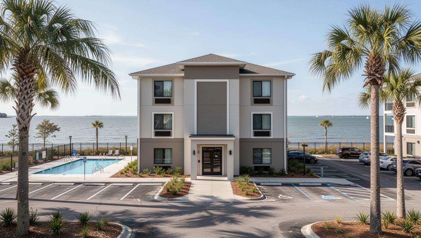 Exterior of a modern two-story budget hotel like Hampton Inn near Mobile Bay, with outdoor pool, parking lot, palm trees, and bay view under bright midday sun. Centered on entrance in photorealistic style with bold 'Budget Stays' headline in green band at top.