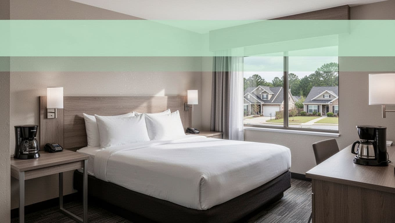Clean modern hotel room with queen bed, desk, coffee maker, suburbs window view, and top green Budget Rooms banner.
