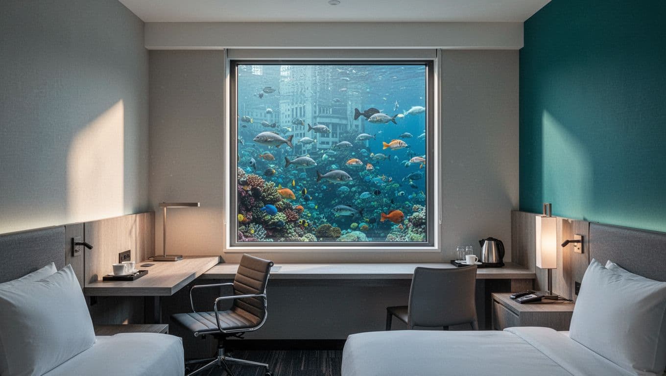 Compact clean modern city hotel room with bed desk amenities and focal window view of Georgia Aquarium across the street. Photorealistic soft morning light in blues greens no people clutter topped with BUDGET PICKS banner.