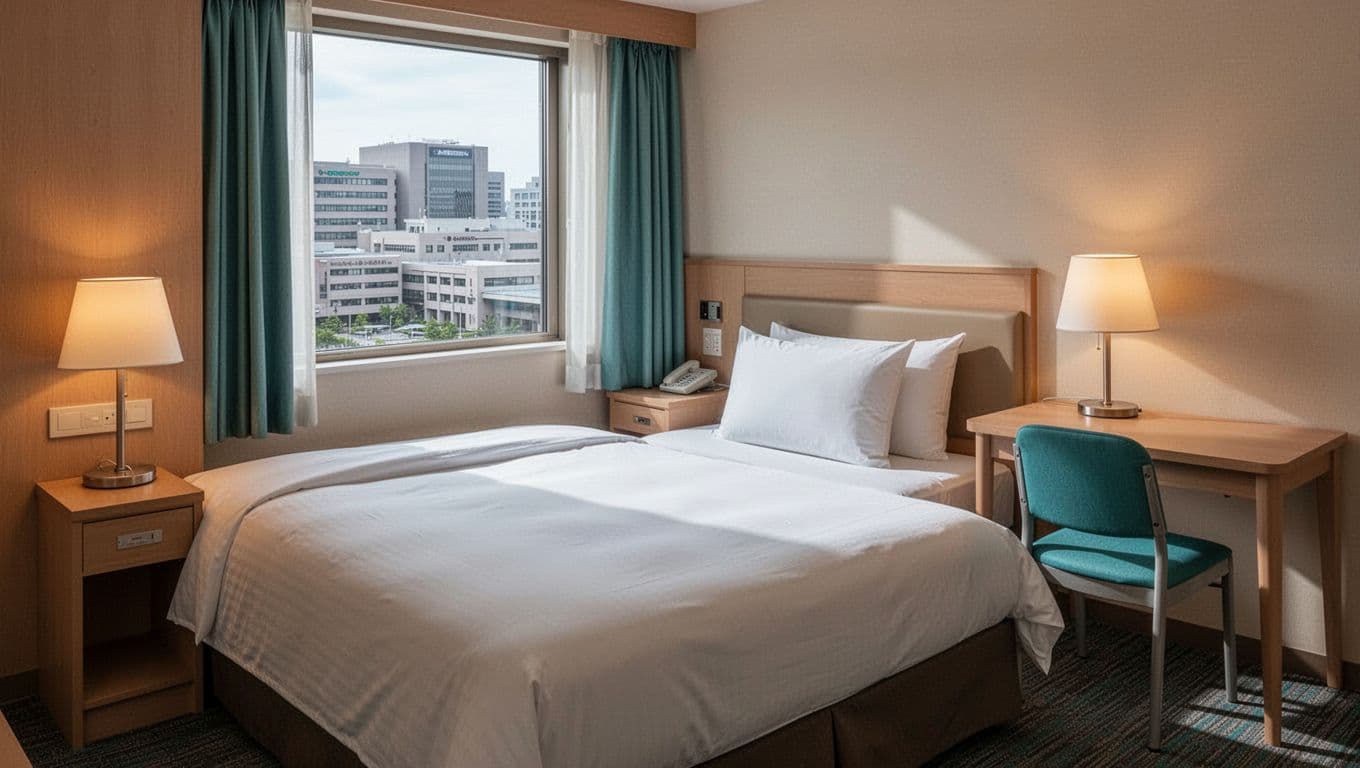 Cozy hotel room for medical visitors with queen bed, fresh linens, small desk, one chair, one lamp, and window view of city hospital district in warm ambient lighting, realistic style with 'BUDGET STAYS' green headline band.