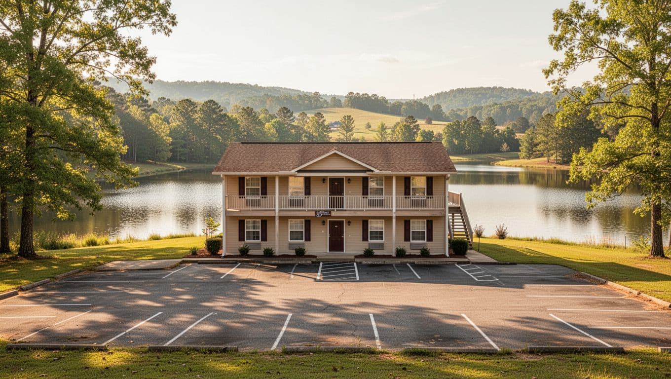 Exterior of a simple two-story budget hotel in rural Alabama countryside near a lake, surrounded by green trees and hills on a bright sunny day. Bold 'Budget Picks' headline in green band at top, photo-realistic with no people, cars, or extra text.