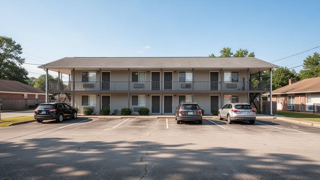 Exterior of a simple two-story budget motel in Bessemer, Alabama near Hueytown, with exterior corridors, parking lot, and cars under clear blue sky. Features bold 'Budget Stays' headline in green band at top in modern photo-realistic style.