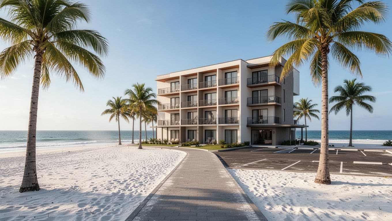 Photorealistic wide shot of a budget-friendly modern hotel facade in Pensacola Beach with direct path to white sand beach and nearby parking, captured from beach side in soft morning light.