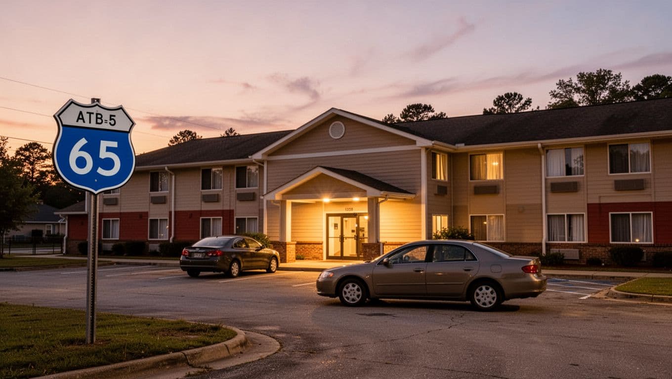 Clean budget hotel exterior at dusk in suburban Alabama with I-65 highway sign nearby, one parked car, and warm entrance lighting in realistic photo style.