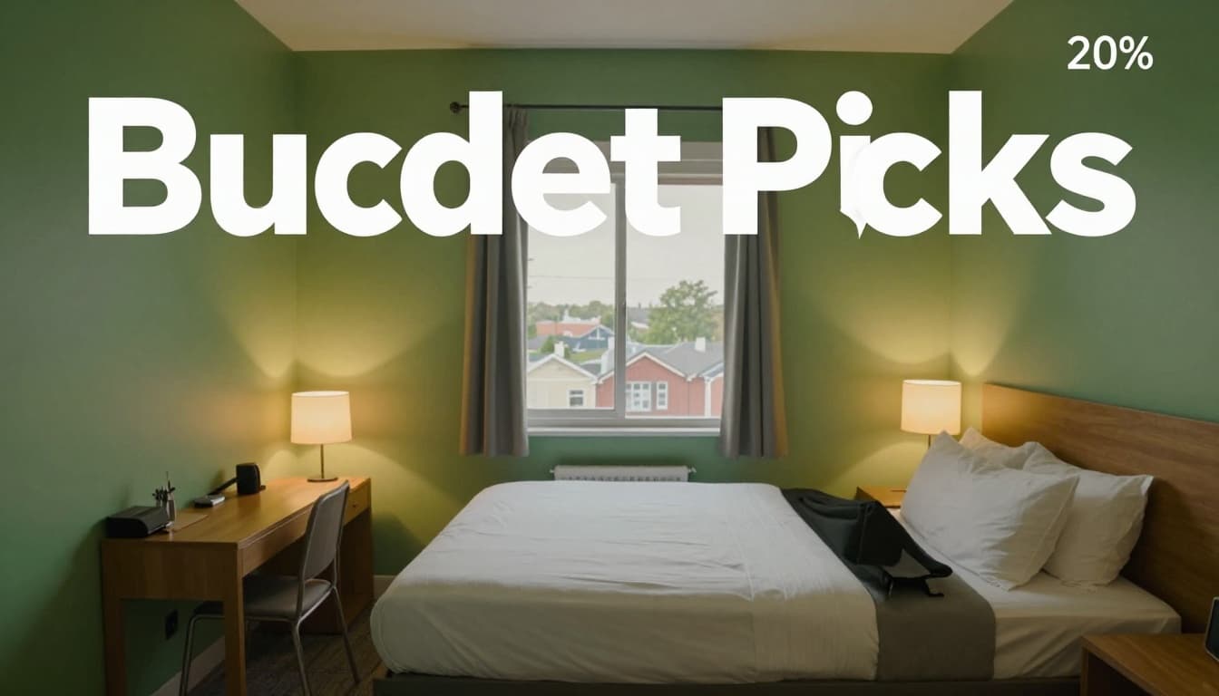 Editorial image with a bold green top band featuring 'Budget Picks' headline, showcasing a cozy budget motel room interior: clean bed with pillows, softly lit wooden nightstand lamp, window with small town evening view, and one empty chair in photorealistic style.