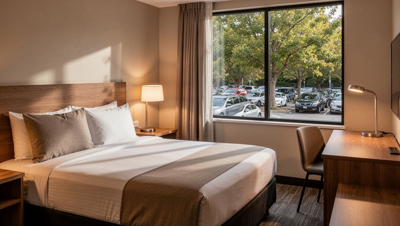 Clean budget hotel room featuring a queen bed, wooden desk, lamp, and window overlooking a parking lot and trees, with simple neutral decor and warm lighting. Bold 'Budget Picks' headline in green sans-serif font at the top.
