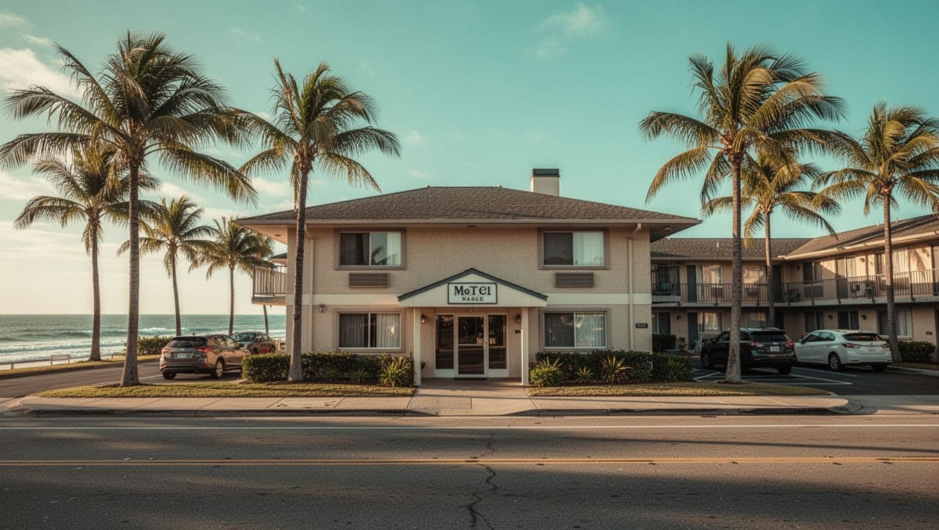 Bold 'Budget Stay' headline in green band atop a realistic photo of Bayou Inn & Suites two-story motel exterior on a sunny coastal road with palm trees and parked cars.