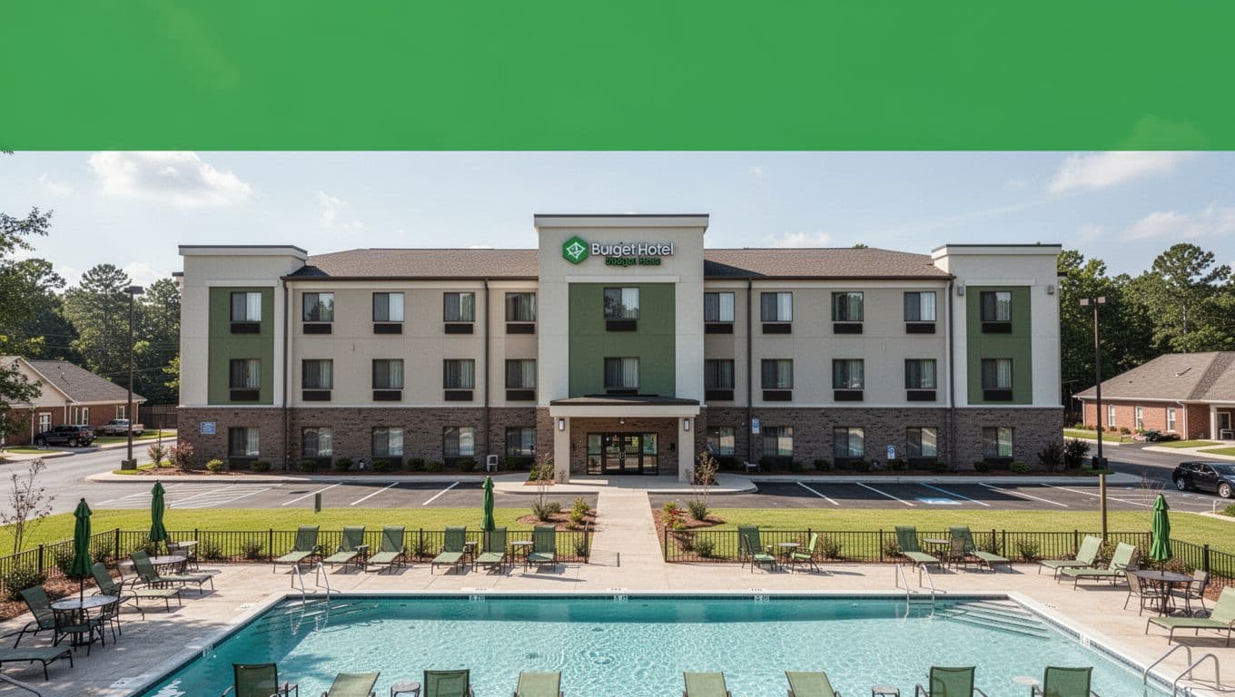 Modern budget hotel exterior in small Alabama town setting with parking lot, swimming pool side, and green lawn under sunny daytime lighting, topped with bold 'Budget Stays' green headline band.